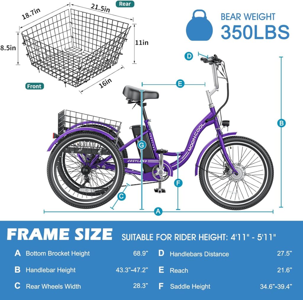 ABORON 24 26 Electric Tricycles, 36V 10Ah 350W Lithium Battery UL Certified, 7 Speed E-Trike for Adults with Large Capacity Rear Basket