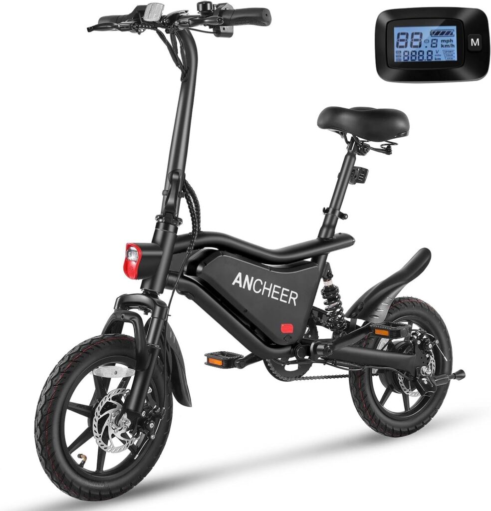 ANCHEER 14 Folding Electric Bike, 500W Max Motor, 22MPH Ebike, Triple Shock Absorber, 48V 374Wh Battery, Up to 45 Miles, Brake Taillight, Cruise Control, Electric Bicycle for Adults