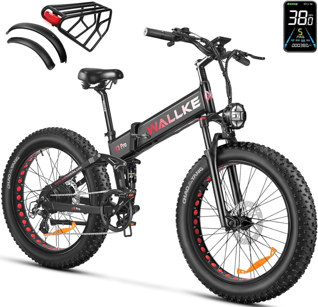 W Wallke X3 Pro Electric Bike 2000W Dual Motor/1200W Full Suspension 1056WH Foldable 26 Inch Fat Tire Mountain Ebikes Adults 34-35MPH Fast Electric Bicycle APP Control/Smart Display, UL2849 Certified