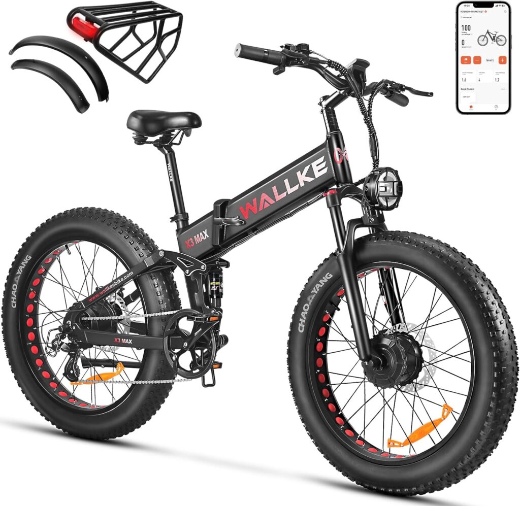 W Wallke X3 Pro Electric Bike 2000W Dual Motor/1200W Full Suspension 1056WH Foldable 26 Inch Fat Tire Mountain Ebikes Adults 34-35MPH Fast Electric Bicycle APP Control/Smart Display, UL2849 Certified